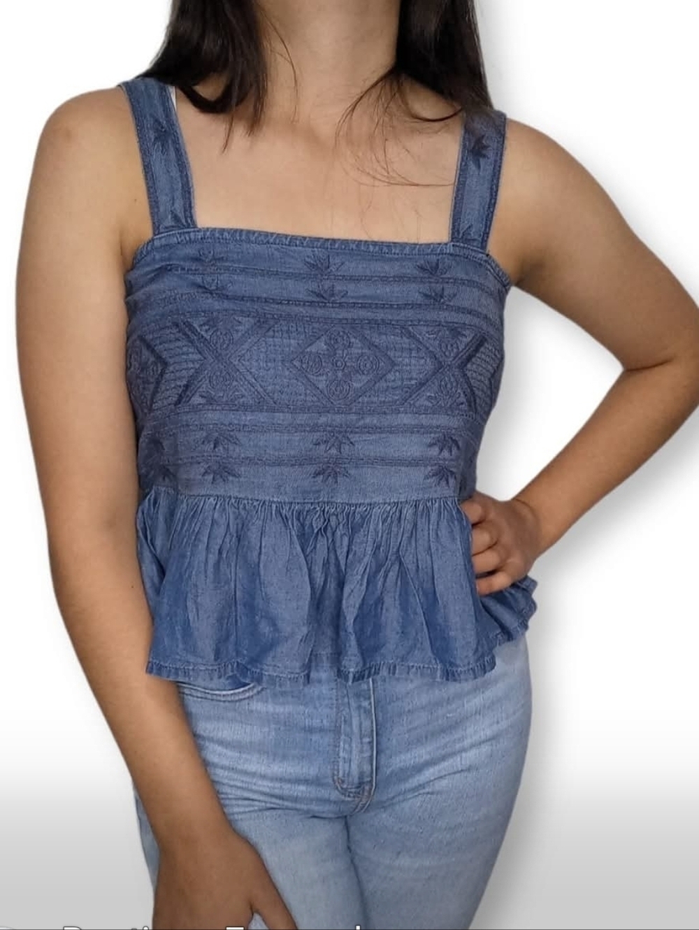 American Eagle Denim Blue Embroidered Babydoll Tank Top size XS
